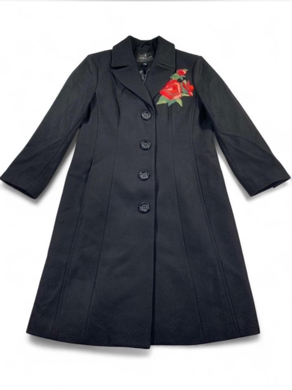 London Fog Black Wool-Blend Coat Embroidered Red Rose on Shoulder size Large